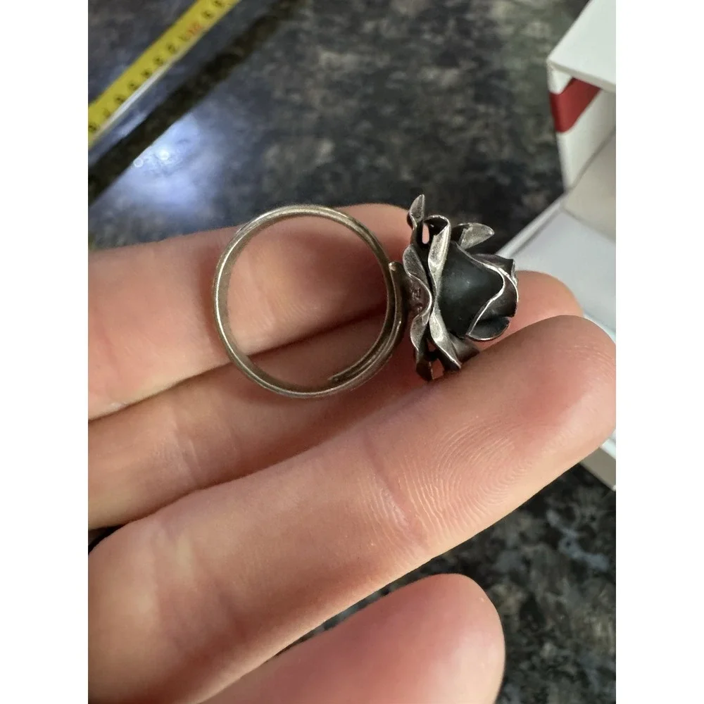Vintage ROSE 3D Ring Silver Tone Floral‎ Unmarked sz 7.5 Adjustable RARE *